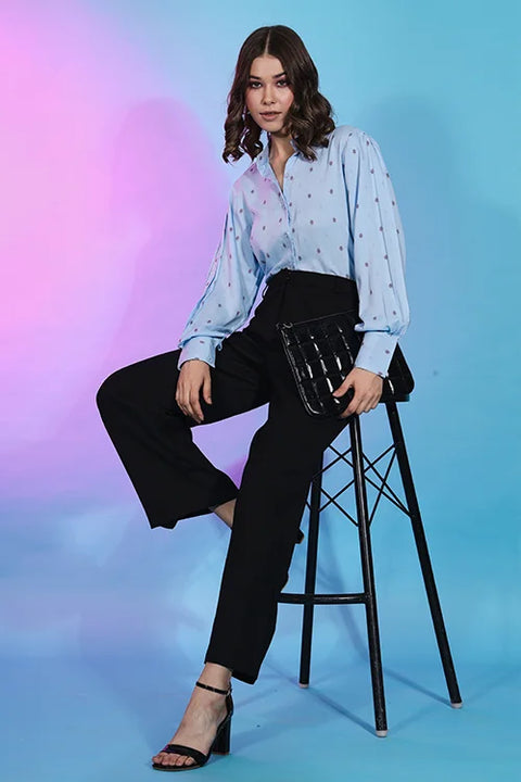 Cute Sky Blue Viscose Rayon Self Design Collar Pattern Top Collection ClothsVilla.com Main image