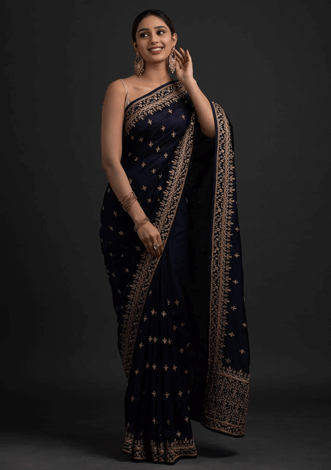 Delightful Navy Blue Dori And Sequins Embroidered Art Silk Traditional Saree ClothsVilla Main image
