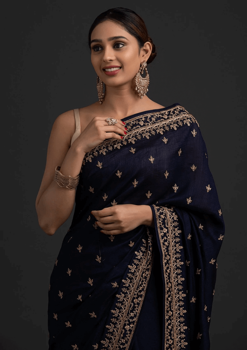 Delightful Navy Blue Dori And Sequins Embroidered Art Silk Traditional Saree ClothsVilla