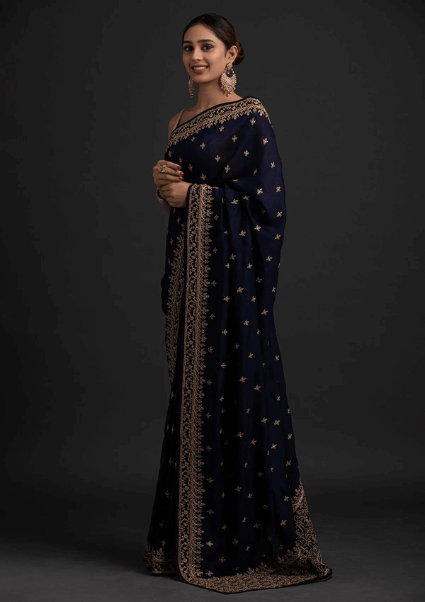 Delightful Navy Blue Dori And Sequins Embroidered Art Silk Traditional Saree ClothsVilla