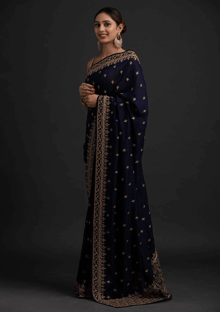 Navy blue Sequins,embroidered Party Wear Saree in Lycra - SR22620