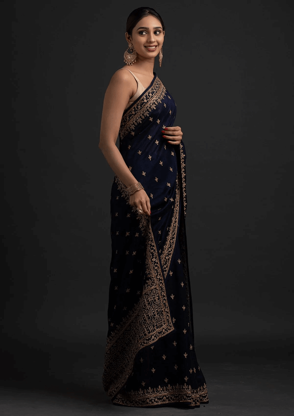 Delightful Navy Blue Dori And Sequins Embroidered Art Silk Traditional Saree ClothsVilla