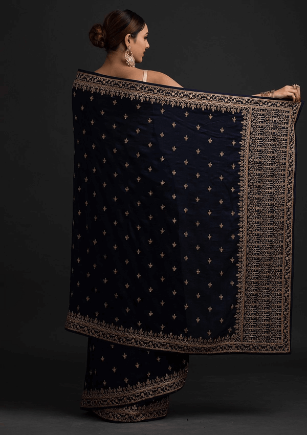 Delightful Navy Blue Dori And Sequins Embroidered Art Silk Traditional Saree ClothsVilla