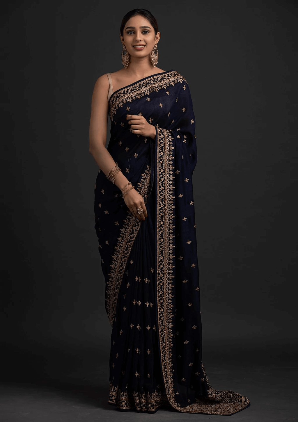 Delightful Navy Blue Dori And Sequins Embroidered Art Silk Traditional Saree ClothsVilla