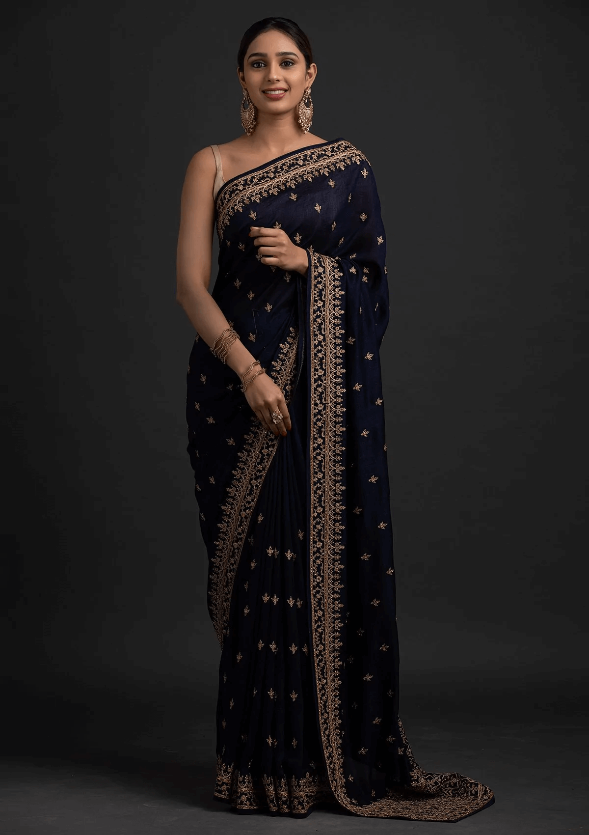 Delightful Navy Blue Dori And Sequins Embroidered Art Silk Traditional Saree ClothsVilla