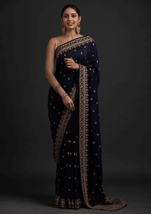 Delightful Navy Blue Dori And Sequins Embroidered Art Silk Traditional Saree ClothsVilla