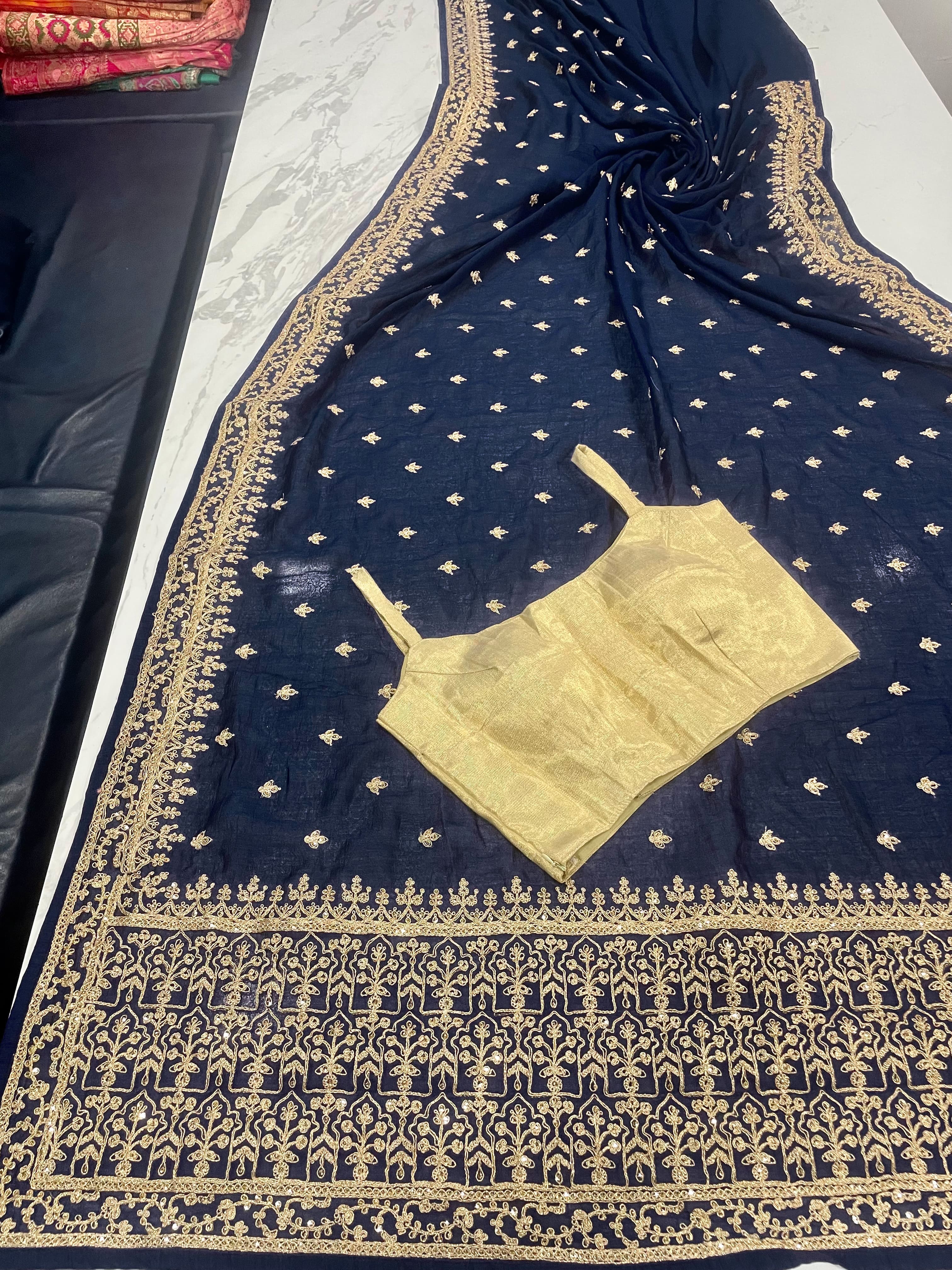 Delightful Navy Blue Dori And Sequins Embroidered Art Silk Traditional Saree ClothsVilla
