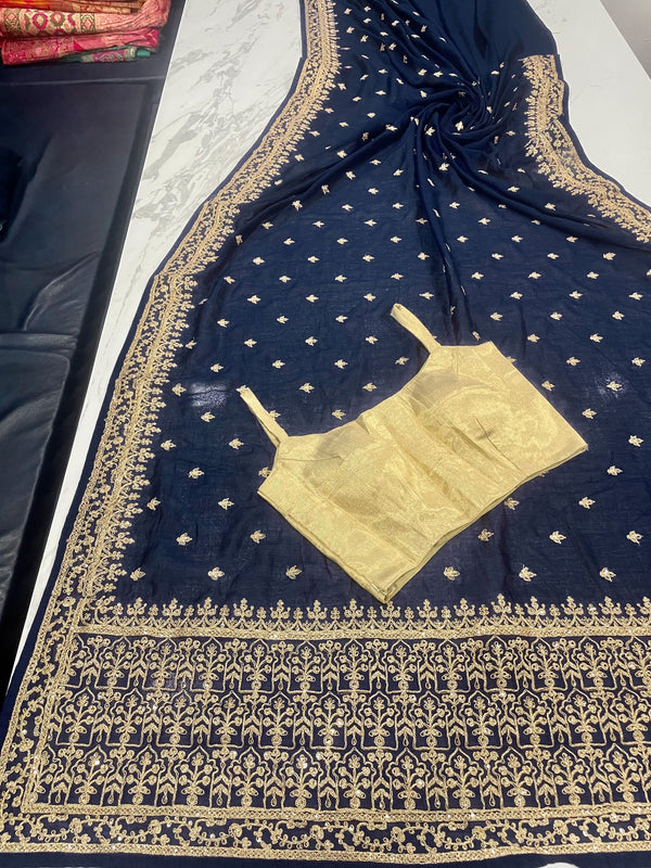 Delightful Navy Blue Dori And Sequins Embroidered Art Silk Traditional Saree ClothsVilla