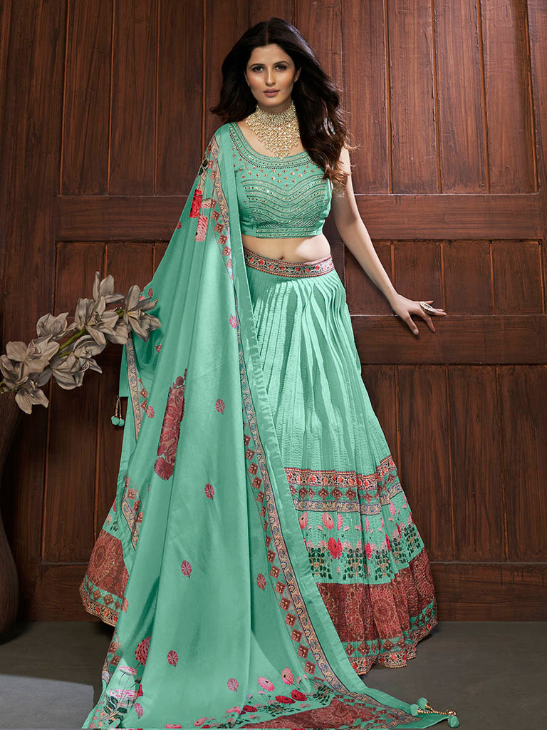 Sea Green Chinon Embroidered Designer Lehenga Clothsvilla