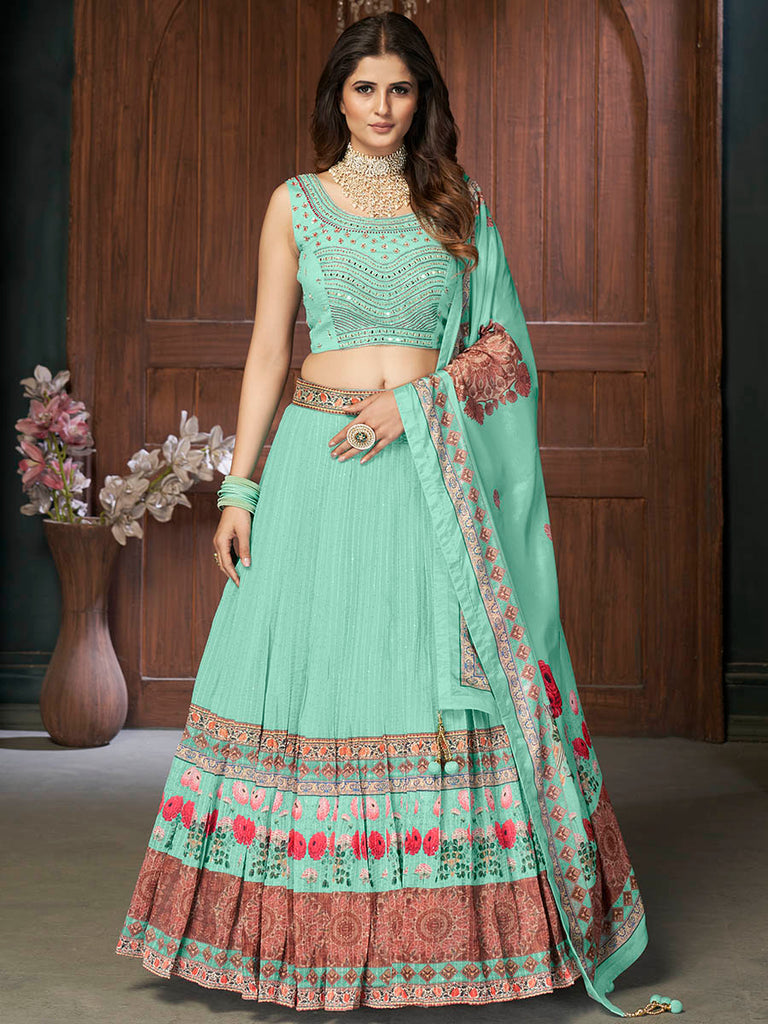 Sea Green Chinon Embroidered Designer Lehenga Clothsvilla