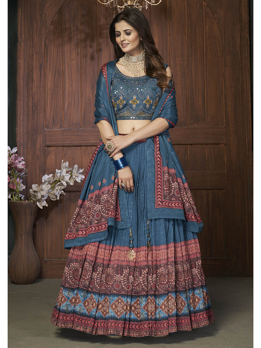 Aequa blue Chinon Embroidered Designer Lehenga Clothsvilla