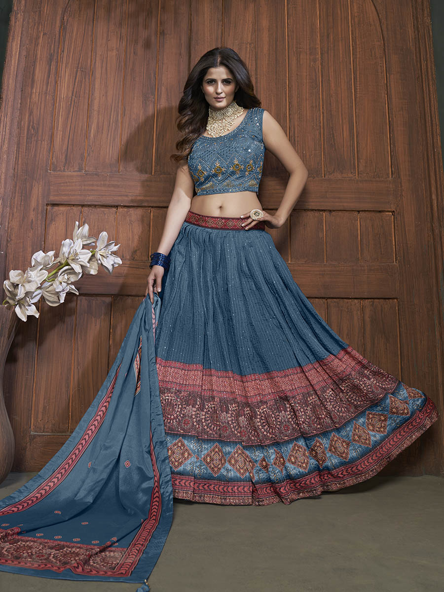 Aequa blue Chinon Embroidered Designer Lehenga Clothsvilla