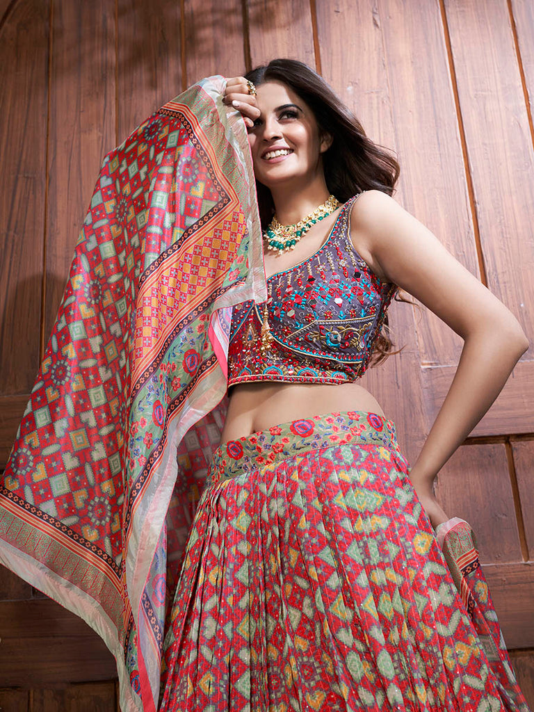 Multicolor Silk and Chinon Embroidered Designer Lehenga Clothsvilla