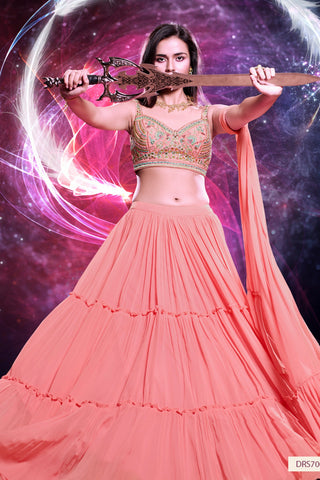 Pink Georgette Ruffle Lehenga Choli For Indian Festivals & Weddings - Thread Embroidery Work, Handwork Work Clothsvilla