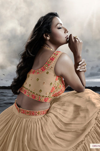 Beige Art Silk Ruffle Lehenga Choli For Indian Festivals & Weddings - Thread Embroidery Work, Handwork Work Clothsvilla