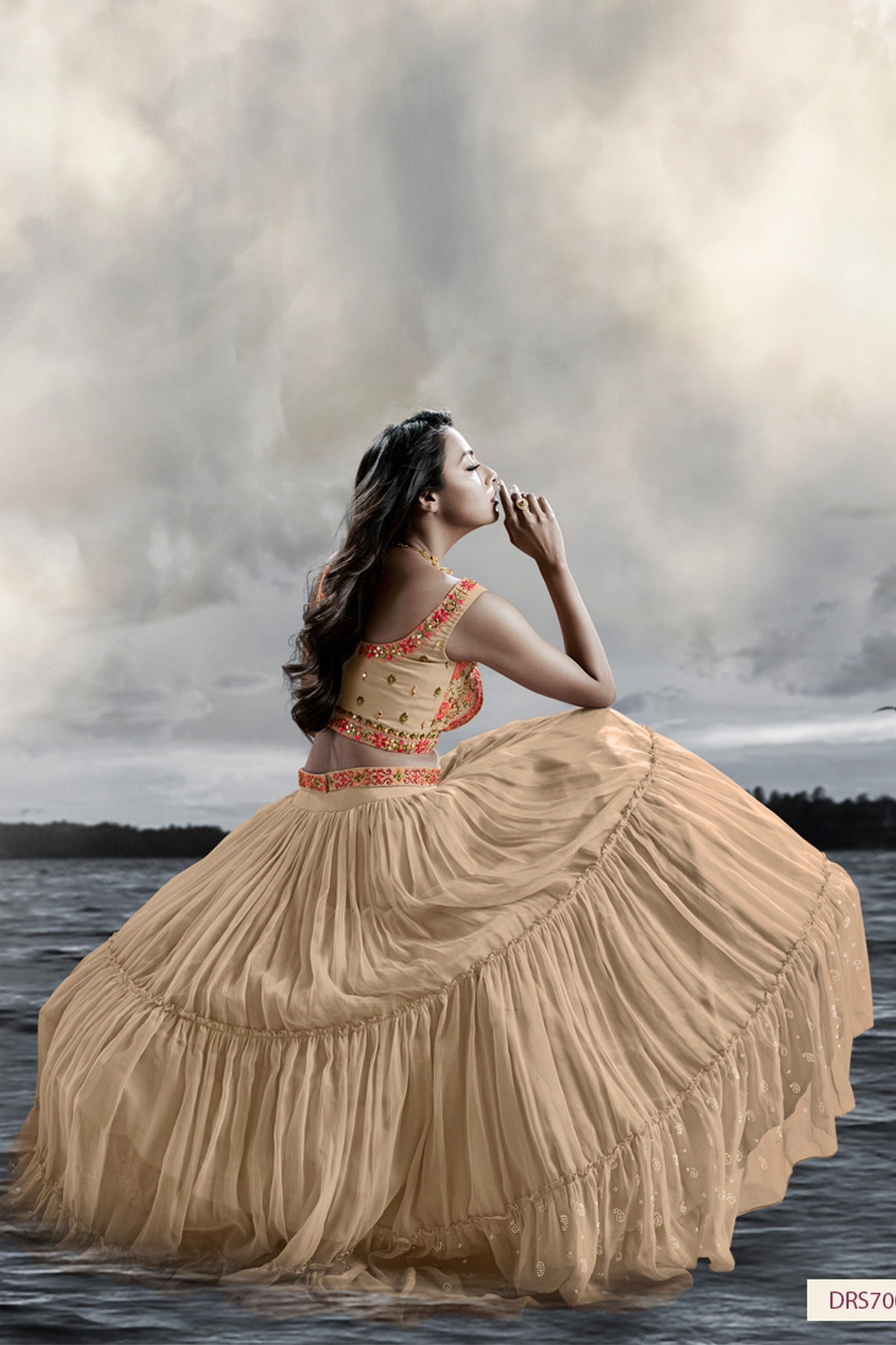 Beige Art Silk Ruffle Lehenga Choli For Indian Festivals & Weddings - Thread Embroidery Work, Handwork Work Clothsvilla