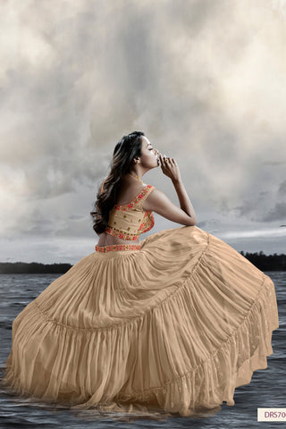 Beige Art Silk Ruffle Lehenga Choli For Indian Festivals & Weddings - Thread Embroidery Work, Handwork Work Clothsvilla