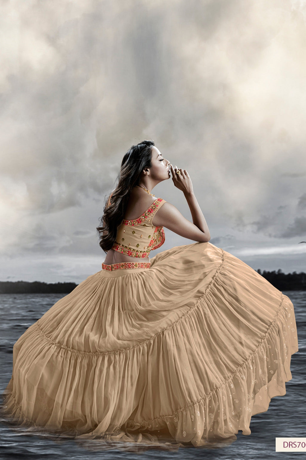 Beige Art Silk Ruffle Lehenga Choli For Indian Festivals & Weddings - Thread Embroidery Work, Handwork Work Clothsvilla