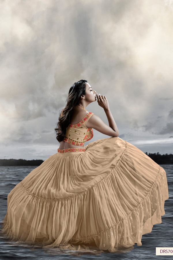 Beige Art Silk Ruffle Lehenga Choli For Indian Festivals & Weddings - Thread Embroidery Work, Handwork Work Clothsvilla