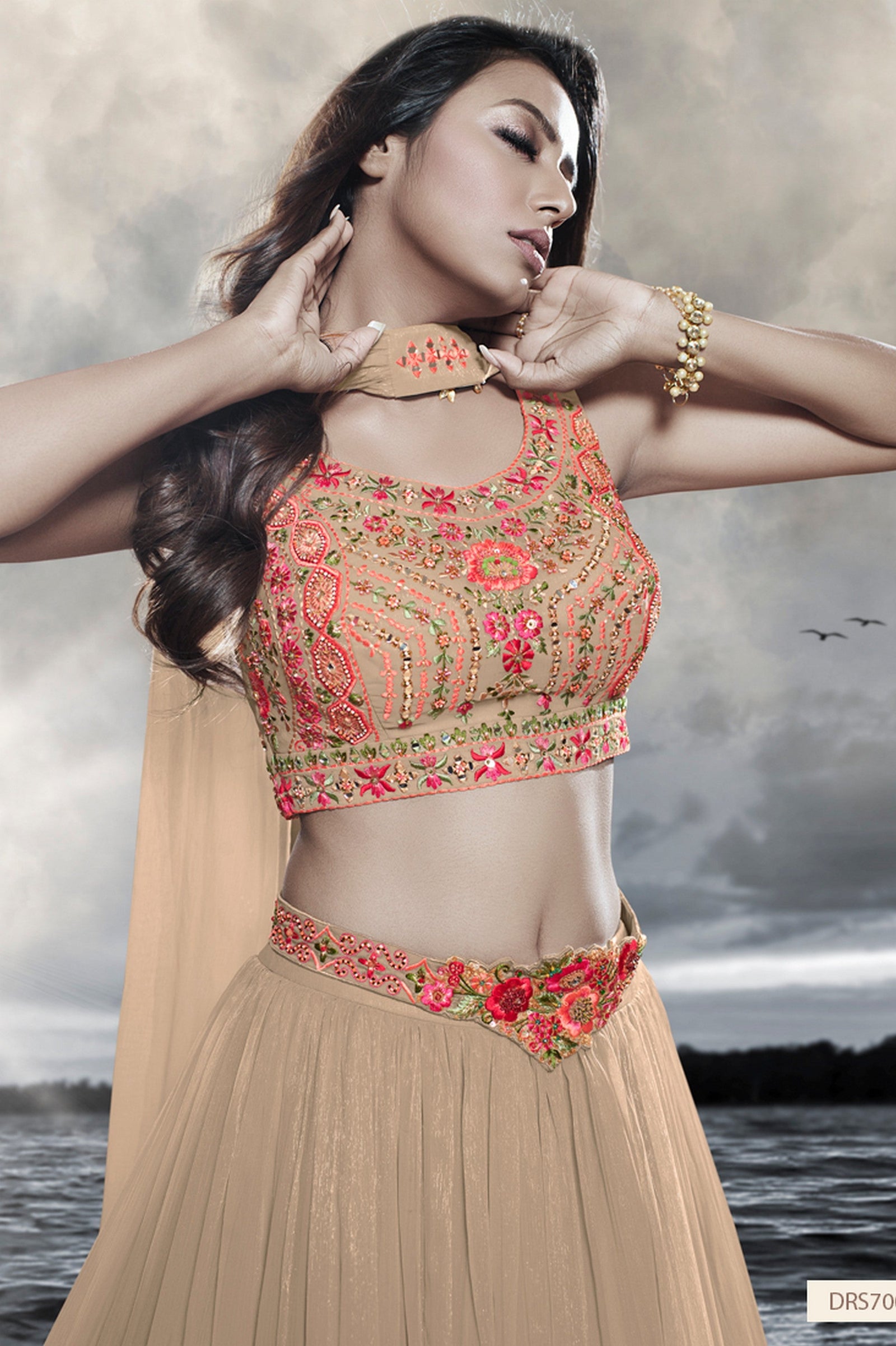 Beige Art Silk Ruffle Lehenga Choli For Indian Festivals & Weddings - Thread Embroidery Work, Handwork Work Clothsvilla
