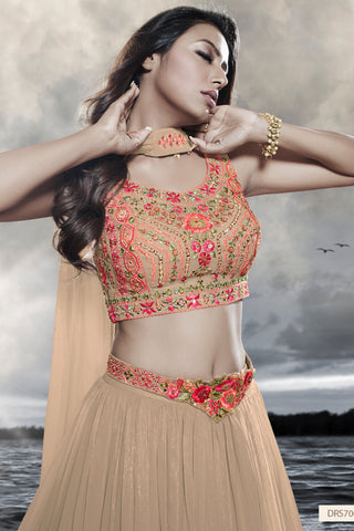 Beige Art Silk Ruffle Lehenga Choli For Indian Festivals & Weddings - Thread Embroidery Work, Handwork Work Clothsvilla