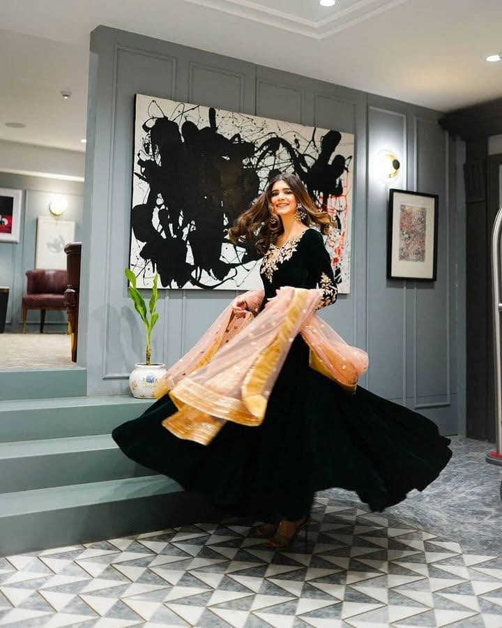 Dark Green Anarkali Gown in Velvet with Embroidery Work ClothsVilla
