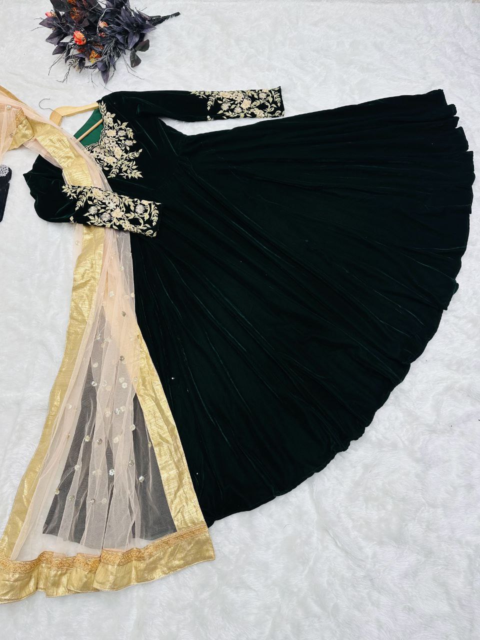 Dark Green Anarkali Gown in Velvet with Embroidery Work ClothsVilla