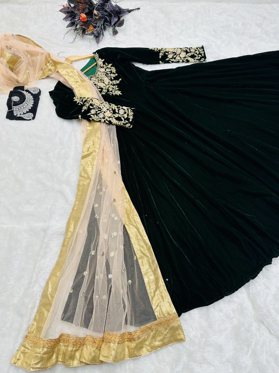 Dark Green Anarkali Gown in Velvet with Embroidery Work ClothsVilla