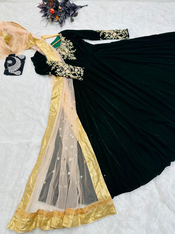 Dark Green Anarkali Gown in Velvet with Embroidery Work ClothsVilla