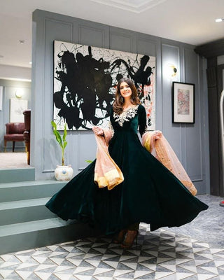 Dark Green Anarkali Gown in Velvet with Embroidery Work ClothsVilla