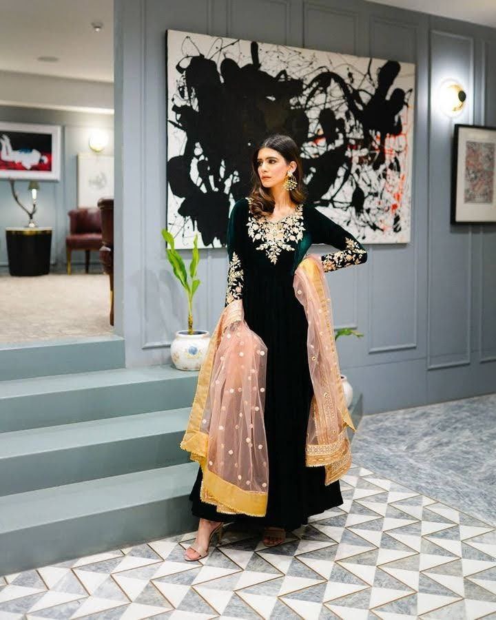 Dark Green Anarkali Gown in Velvet with Embroidery Work ClothsVilla