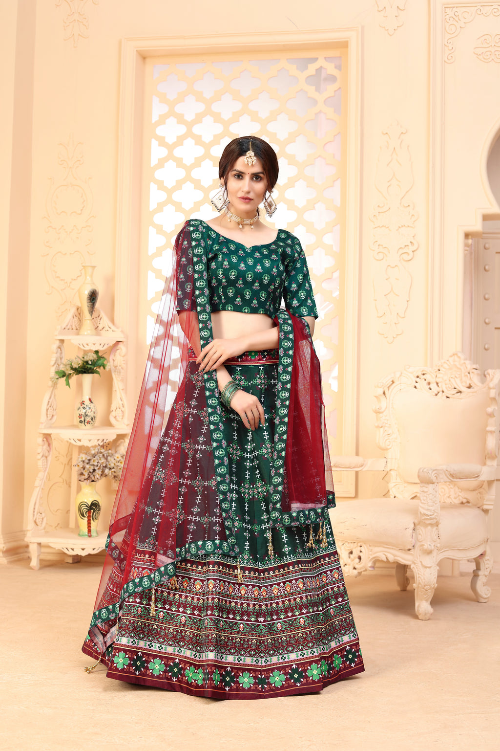 Dark Green Color Art Silk Fabric Printed Function Wear Fancy Lehenga Choli ClothsVilla