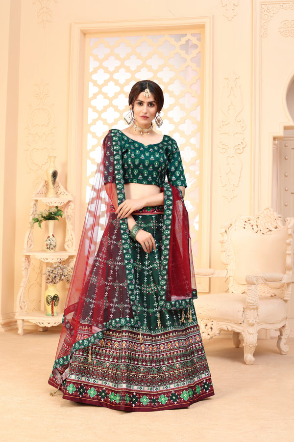 Dark Green Color Art Silk Fabric Printed Function Wear Fancy Lehenga Choli ClothsVilla