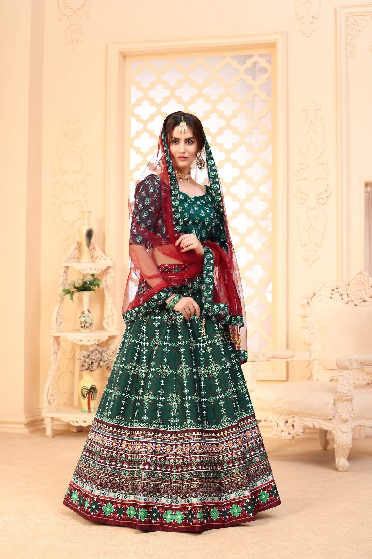 Dark Green Color Art Silk Fabric Printed Function Wear Fancy Lehenga Choli ClothsVilla Main image