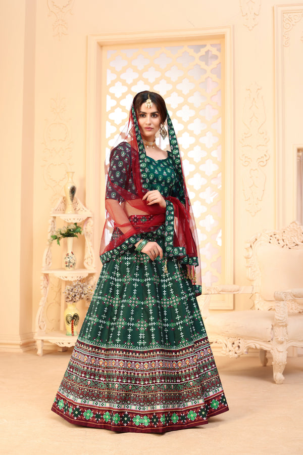 Dark Green Color Art Silk Fabric Printed Function Wear Fancy Lehenga Choli ClothsVilla
