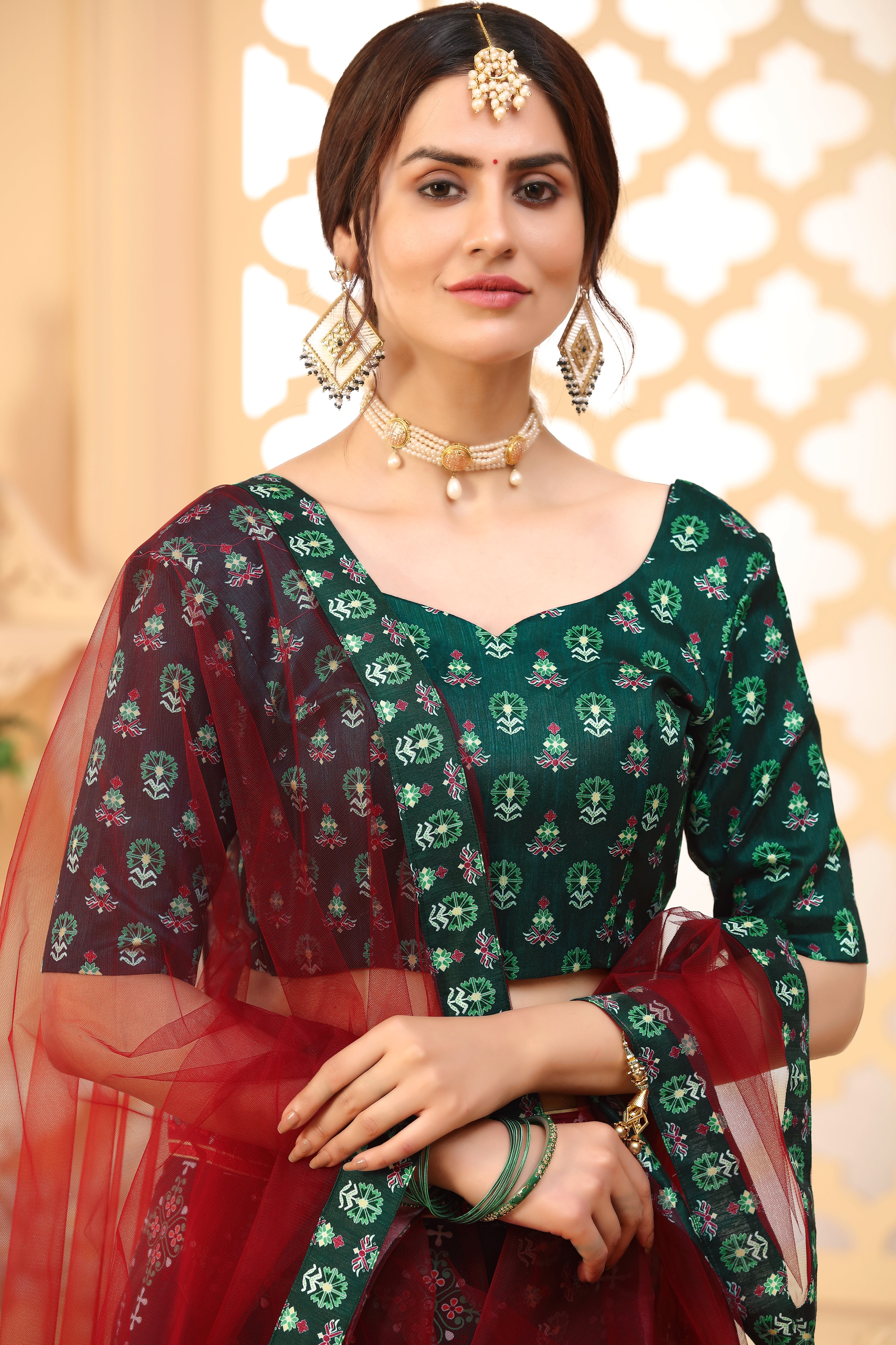 Dark Green Color Art Silk Fabric Printed Function Wear Fancy Lehenga Choli ClothsVilla