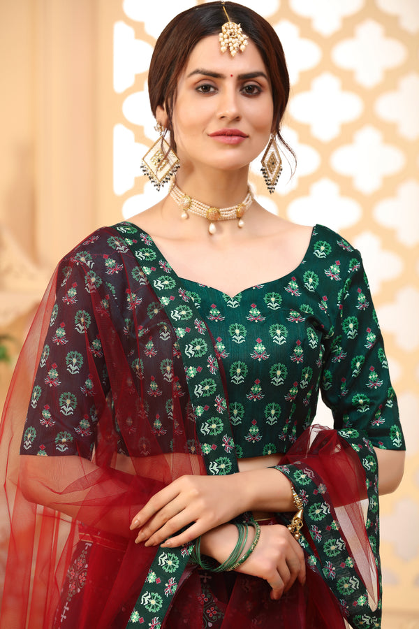 Dark Green Color Art Silk Fabric Printed Function Wear Fancy Lehenga Choli ClothsVilla