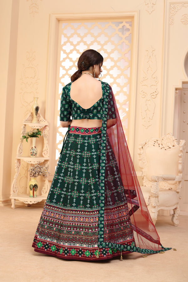 Dark Green Color Art Silk Fabric Printed Function Wear Fancy Lehenga Choli ClothsVilla