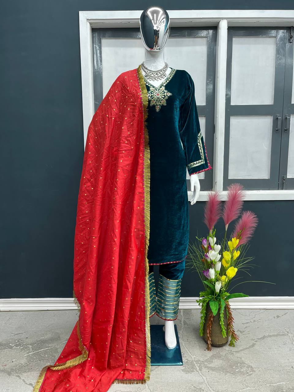 Dark Green Color Bell Sleeve Velvet Salwar Suit with Red Dupatta - ClothsVilla.com