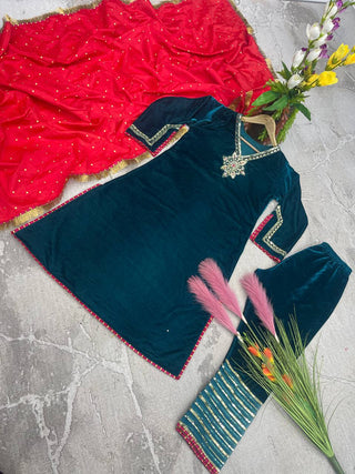 Dark Green Color Bell Sleeve Velvet Salwar Suit with Red Dupatta - ClothsVilla.com