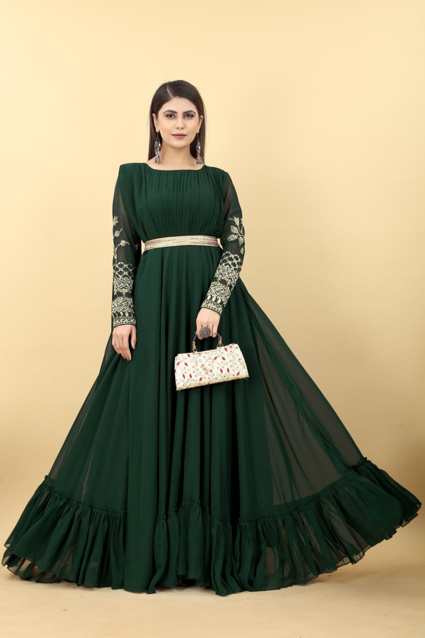 Dark Green Embroidery Sequence Work Gown Clothsvilla