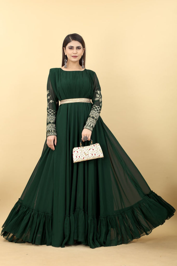 Dark Green Gown with belt for Wedding - Dress me Royal