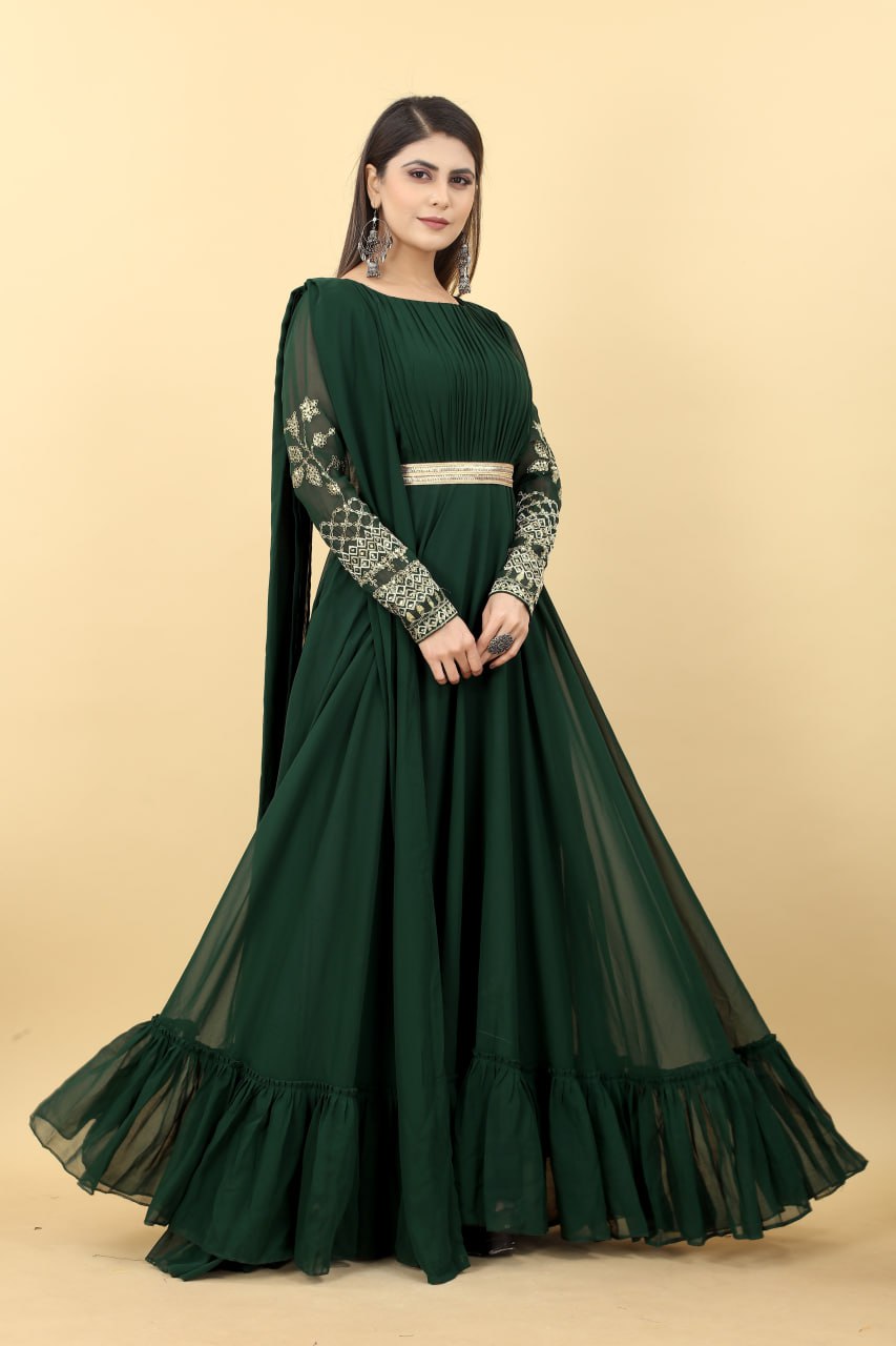 Dark Green Embroidery Sequence Work Gown Clothsvilla