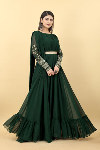 Dark Green Embroidery Sequence Work Gown Clothsvilla