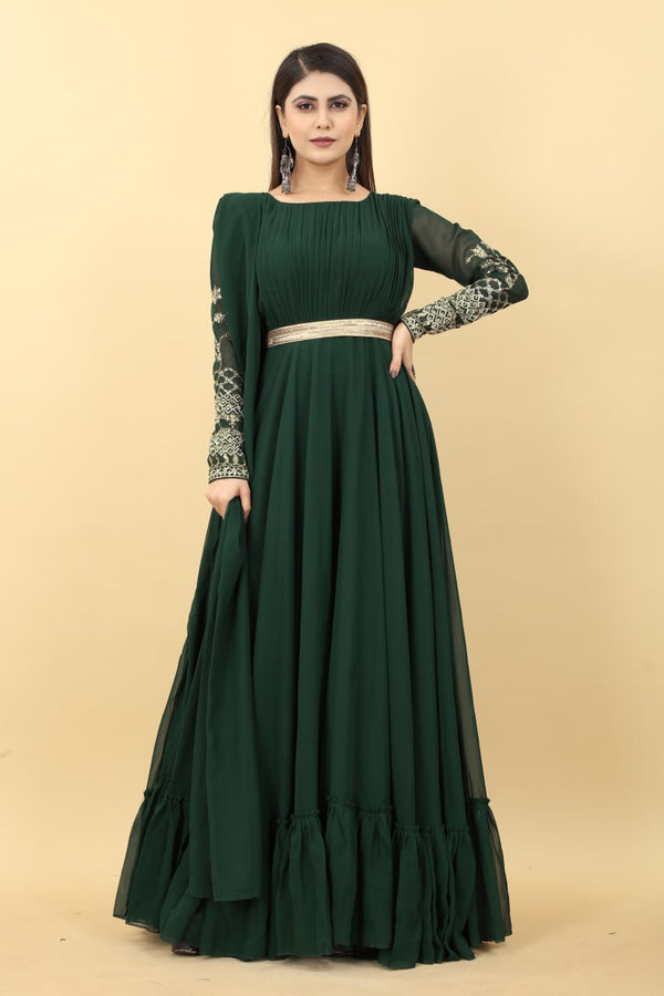 Dark Green Embroidery Sequence Work Gown Clothsvilla