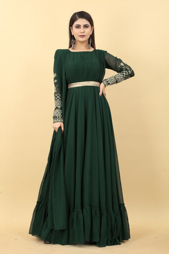 Dark Green Embroidery Sequence Work Gown Clothsvilla