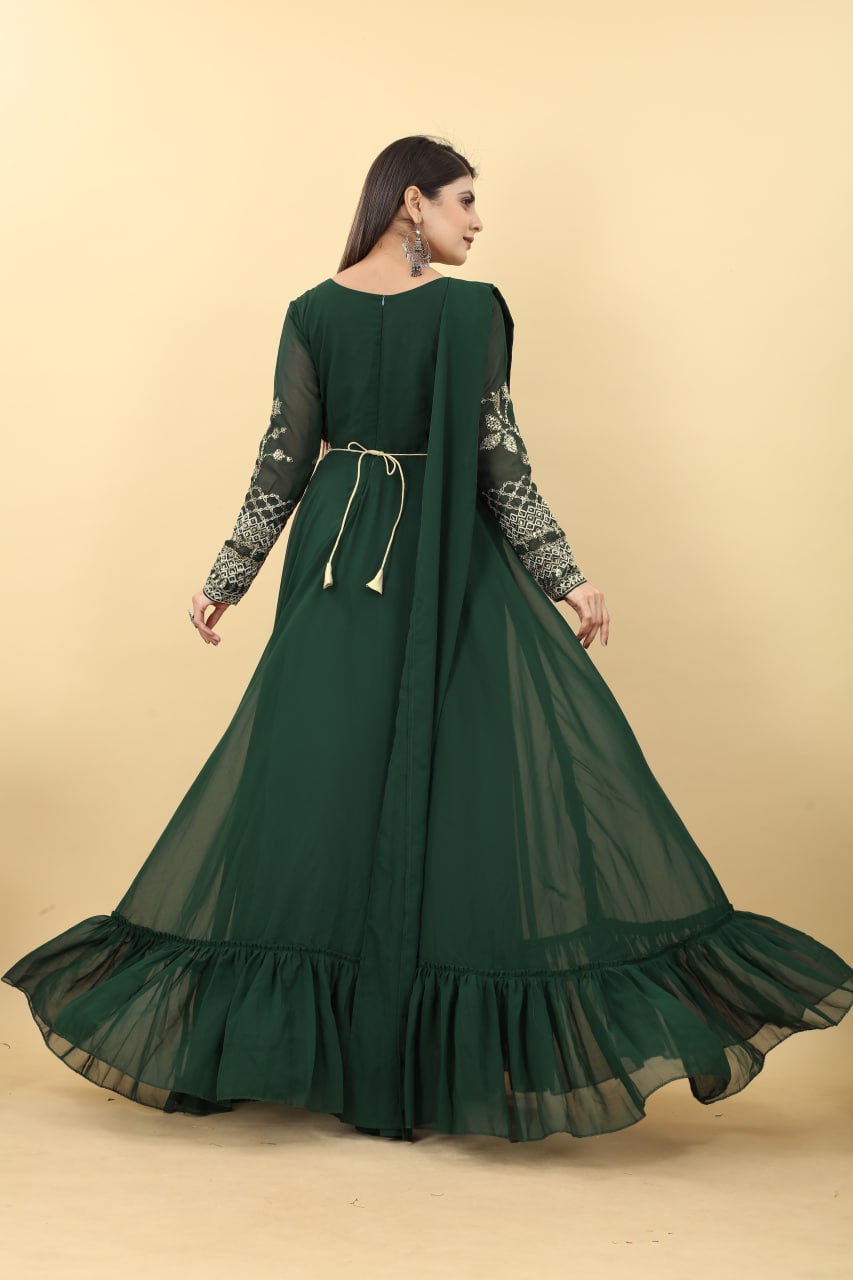 Dark Green Embroidery Sequence Work Gown Clothsvilla