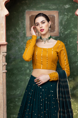 Dark Green Lehenga With Fancy Sequence Work And Glistening Embellishments, Designer Choli With Dupatta, Wedding, Party Wear For Women ClothsVilla