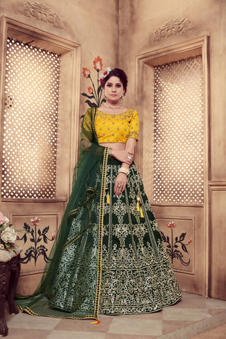 Dark Green Multi Rubber Foil Embroidered Silk Semi Stitched Wedding Lehenga ClothsVilla