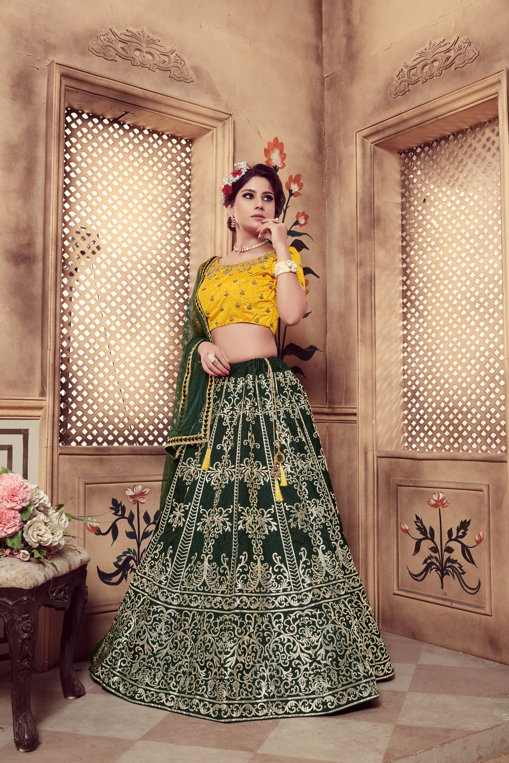 Dark Green Multi Rubber Foil Embroidered Silk Semi Stitched Wedding Lehenga ClothsVilla